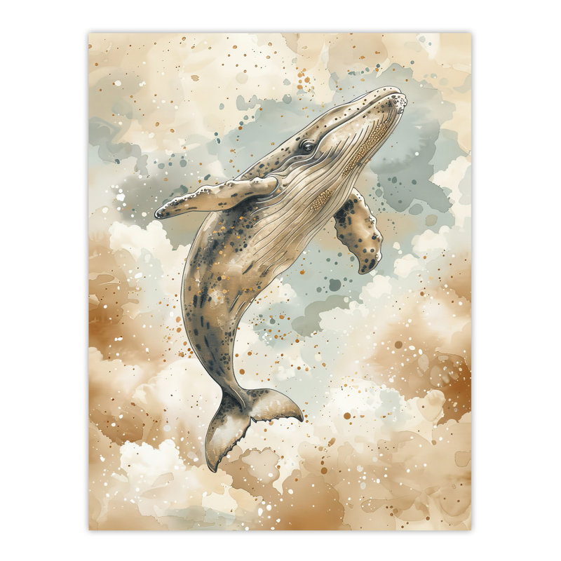 Wall Art Print Whale Cloud Jumping Swimming Tan Watercolour Poster
