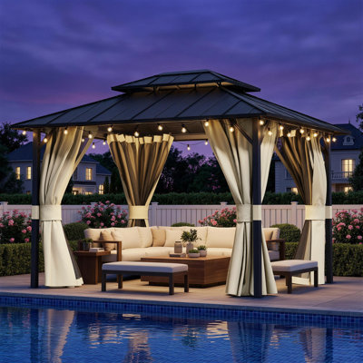 10 Ft. W X 12 Ft. D Outdoor Ventilated Double Roof Patio Gazebo With Netting And Curtains