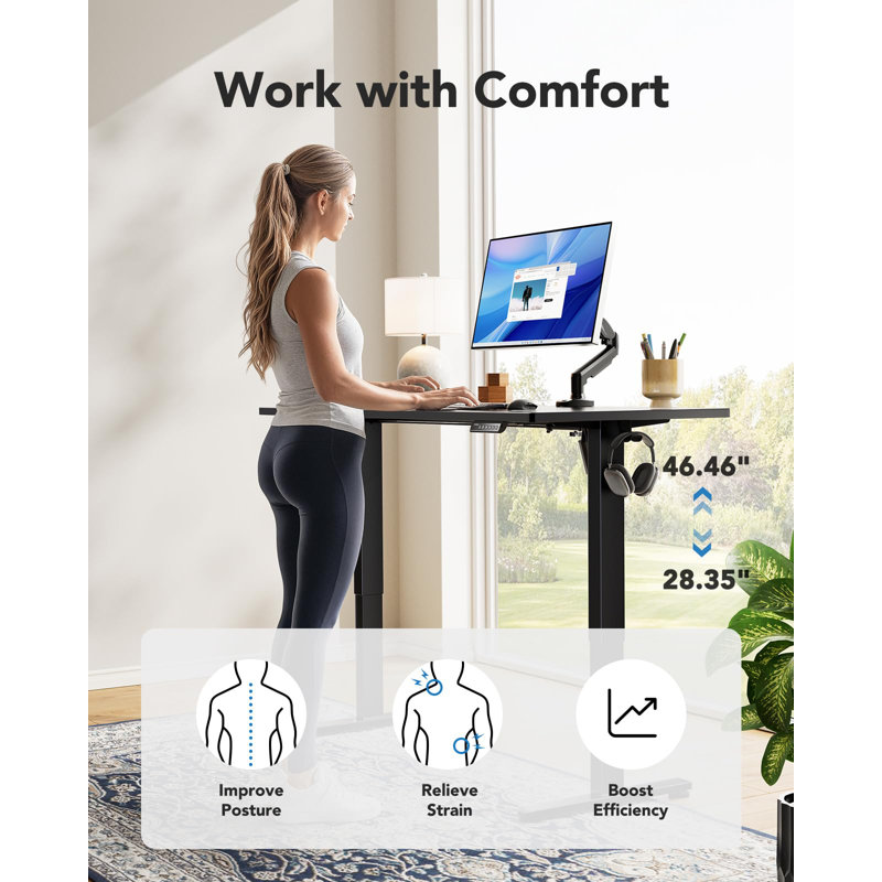 Electric Standing Desk, Adjustable Height Computer Desk, Black, 46.5" H x 59.1" W x 23.6" D