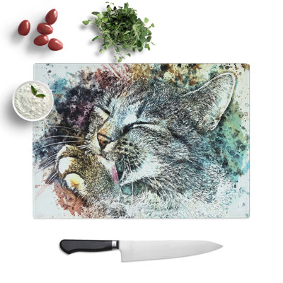 Tempered Glass Cat Licking Its Paw Chopping Board