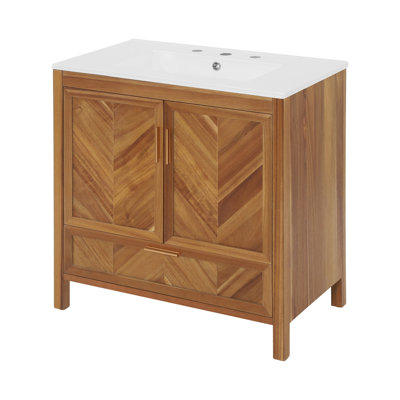 30 Inch Freestanding Farmhouse Bathroom Vanity with Integrated White Ceramic Sink Top, Smooth Finish Natural Acacia Wood Veneer Herringbone Chevron Cabinet, Soft Close Doors & Full Extension Drawer, B