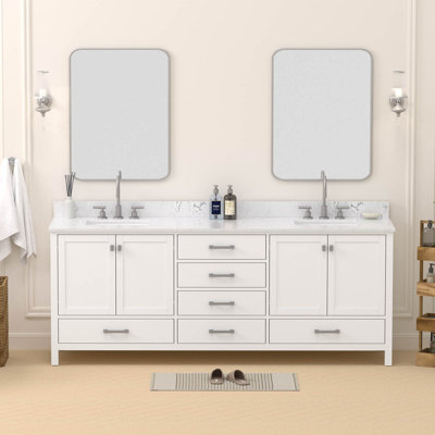 Meuble-lavabo double autoportant 84 po en bois massif avec plateau en pierre reconstituée 84 po