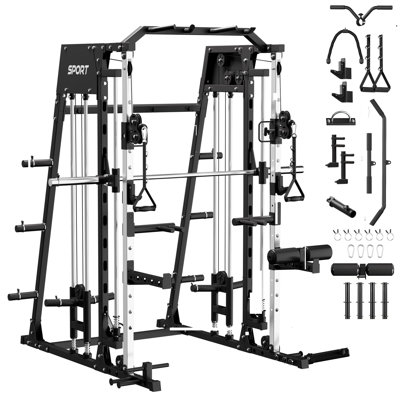 2200 LBS All-in-One Smith Machine Power Cage Squat Rack with Dual Pulley Cable Crossover System, Pull-Up Bar & Full Training Attachments for Full-Body Home Strength Training,Black