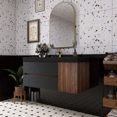 Walnut Bathroom Vanity Matte Black Engineered Quartz Sink