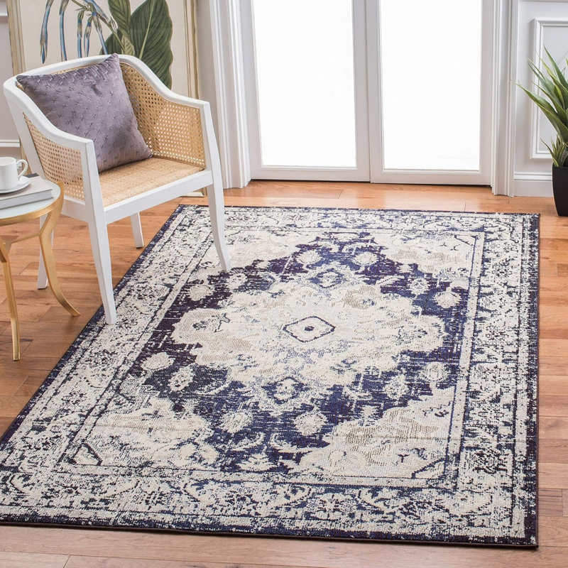 Dark Blue Ivory Distressed Medallion 5' x 7' Area Rug for Bedroom Hallway