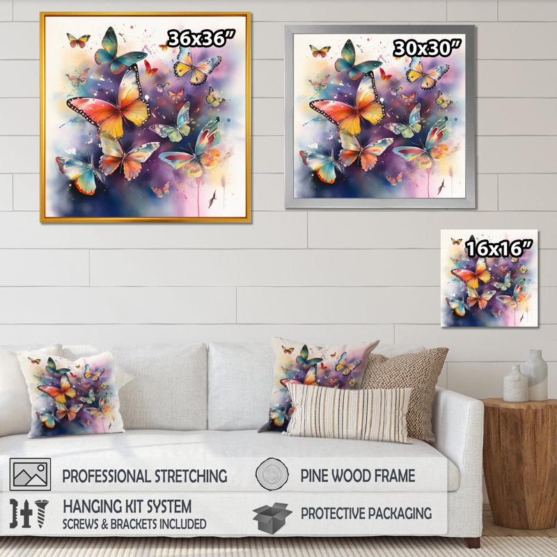 «Purple Butterflies In The Air», reproduction d'art sur toile, H 30 po x l 30 po, Toile tendue