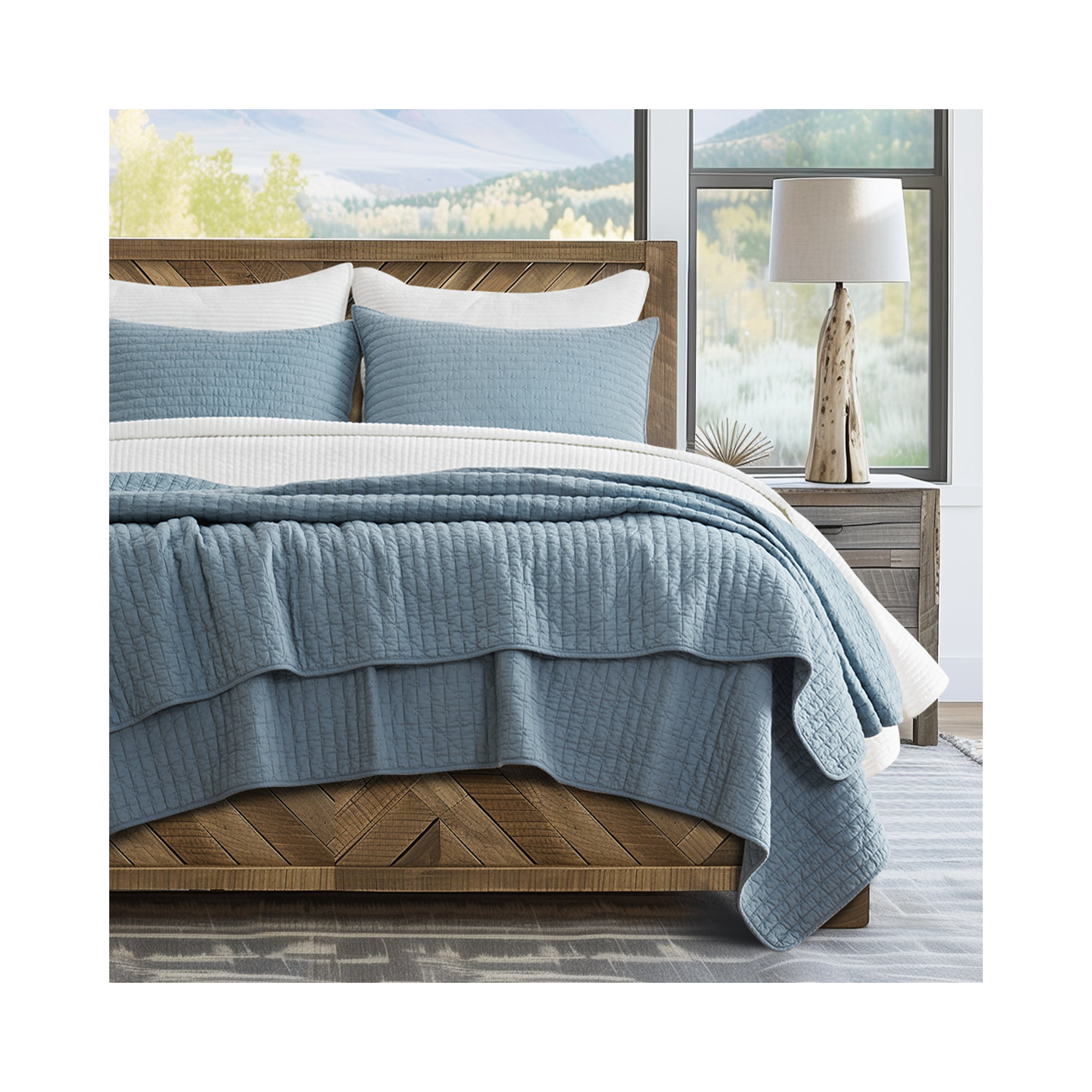 Cross Stitch Cotton Quilt set, King, Dusty Blue