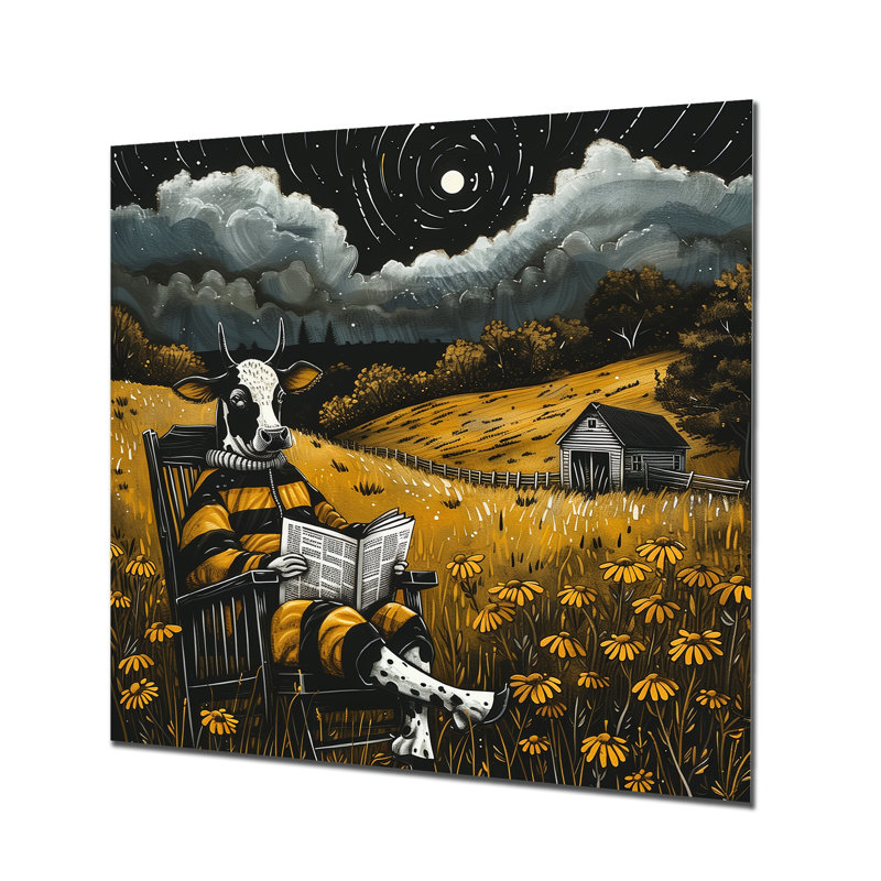 Vache lisant dans le pré sur une chaise berçante, Métal métal, H 16 po x l 16 po x P 1 po