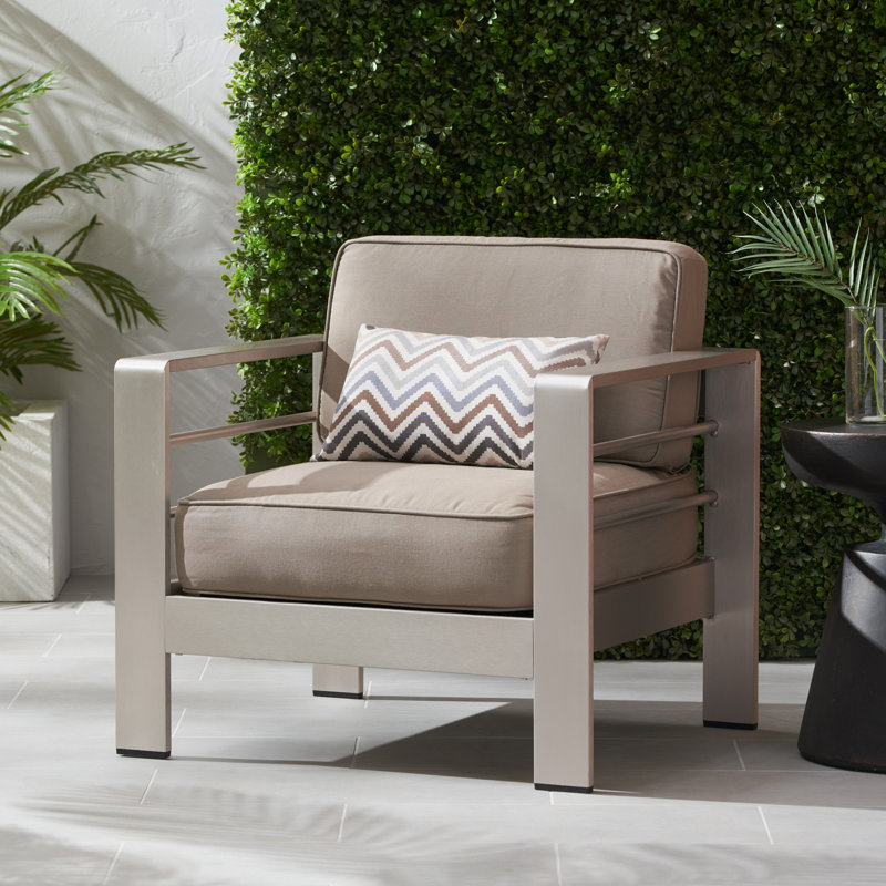 Badnath 32" Wide Polyester Armchair with Optional Sunbrella Cushions, Canvas Taupe Sunbrella, Silver