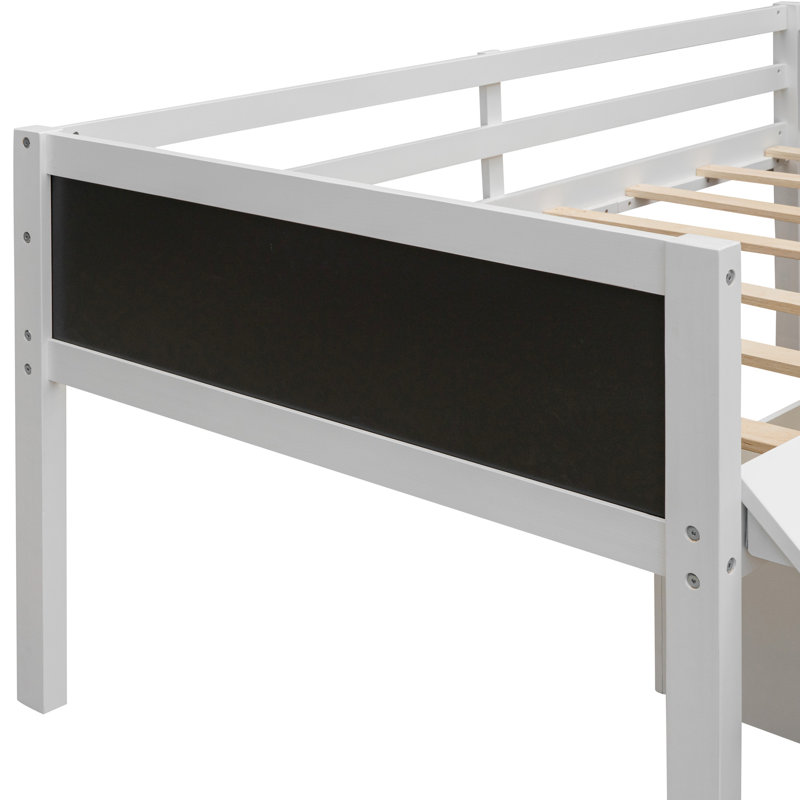 Lit mezzanine simple blanc avec rangement. Grimper et explorer le cadre. Bois de pin massif pour plus de stabilité. Double tableau noir amusant d'apprentissage de la créativité. Safe Slide A Pleasant Wake-Up. Utilisation pratique des boîtes de rangement en contreplaqué