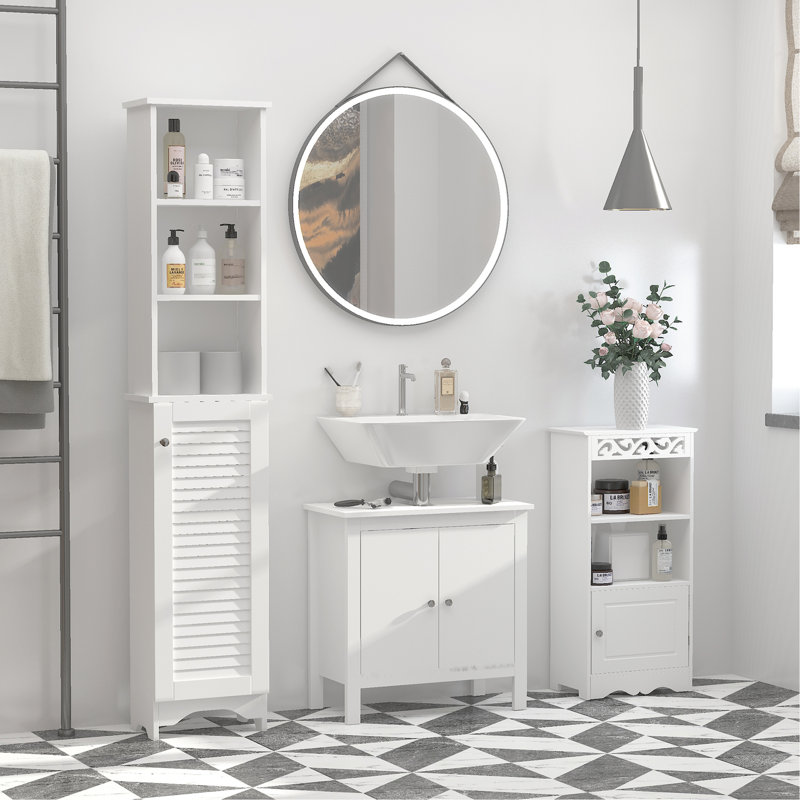 Armoire de rangement haute pour salle de bain / tour à linge autoportante avec tablette réglable ouverte à 3 niveaux, blanc