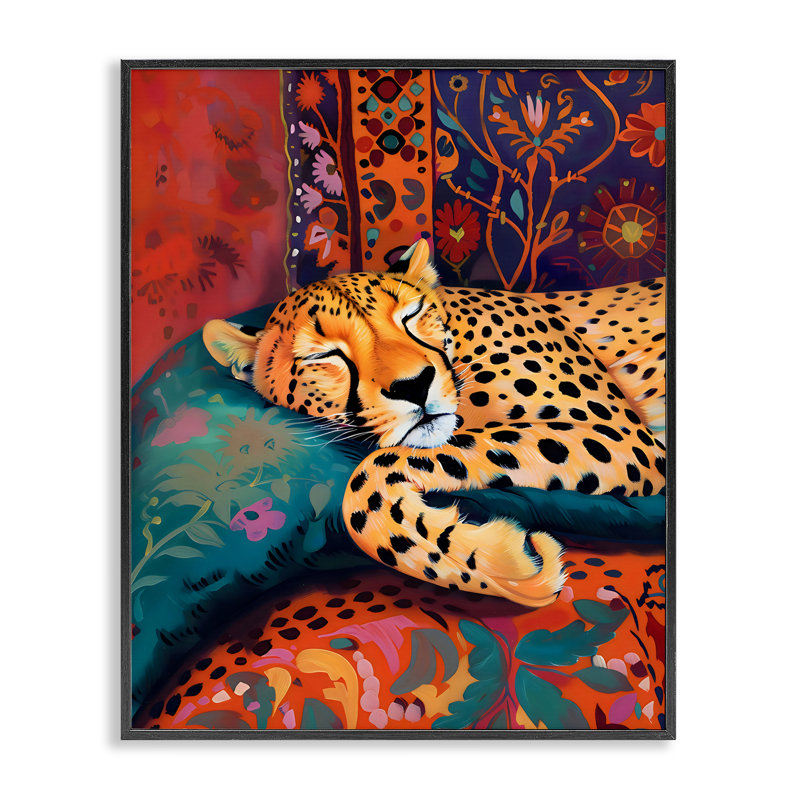 «Cozy Cheetah Boho Textiles», estampe numérique, design by Creative Studio, H 20 po x l 16 po, Giclée encadrée noir minuit
