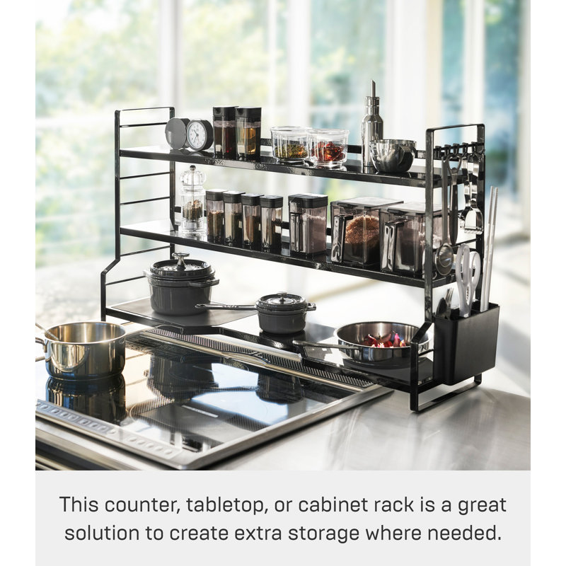 Modern Black Steel Countertop Kitchen Shelf with Gray Trivet Pads