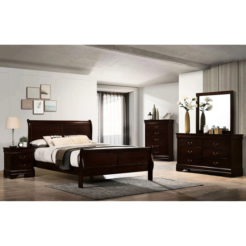 Grand lit en cerisier de style chambre à coucher transitionnelle en bois massif avec pieds, Queen, Cherry