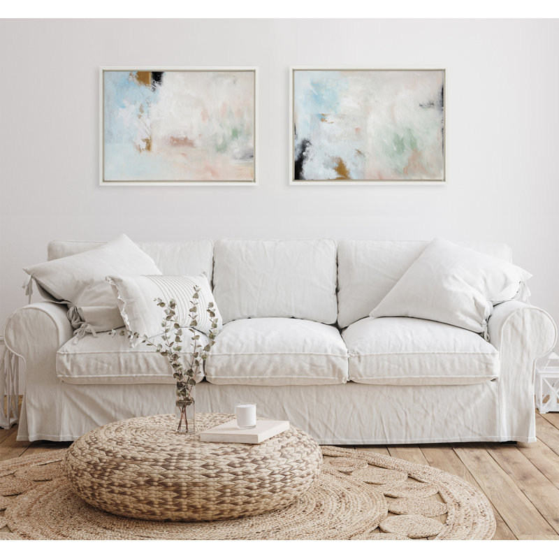 Vikshi Soft Abstract Brushstrokes - Ensemble de 2 reproductions encadrées sur toile, Blanc