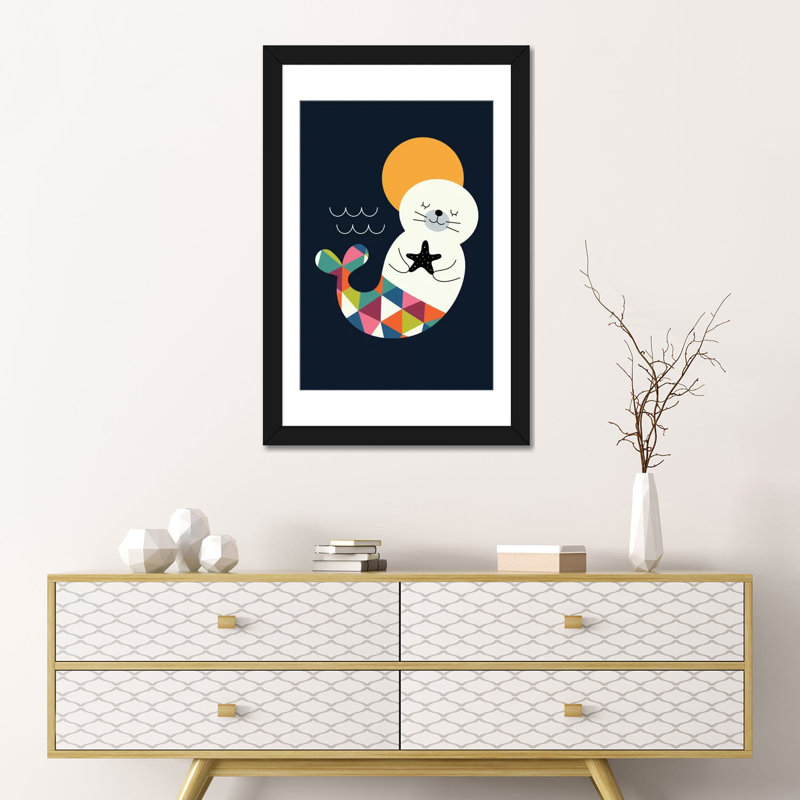 « seal sirène » par andy westface-impression sur toile tendue, H 24 po x l 16 po x P 1 po, Papier d'art encadré noir, Blanc
