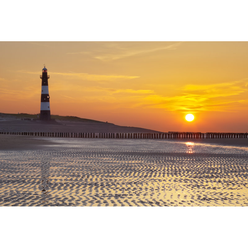 Lighthouse And Beach At Low Tide At Sunset by Sara_winter - No Frame Print on Canvas, 30cm H x 46cm W