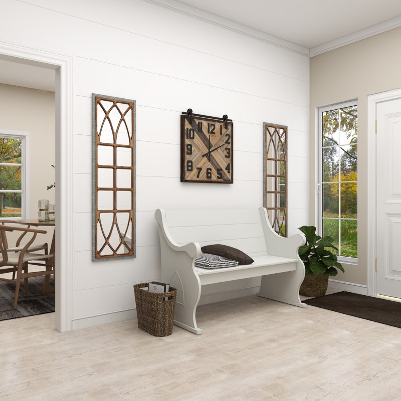 Wood Window Pane Inspired Panel Brown Wall Mirror with Galvanized Metal Frame