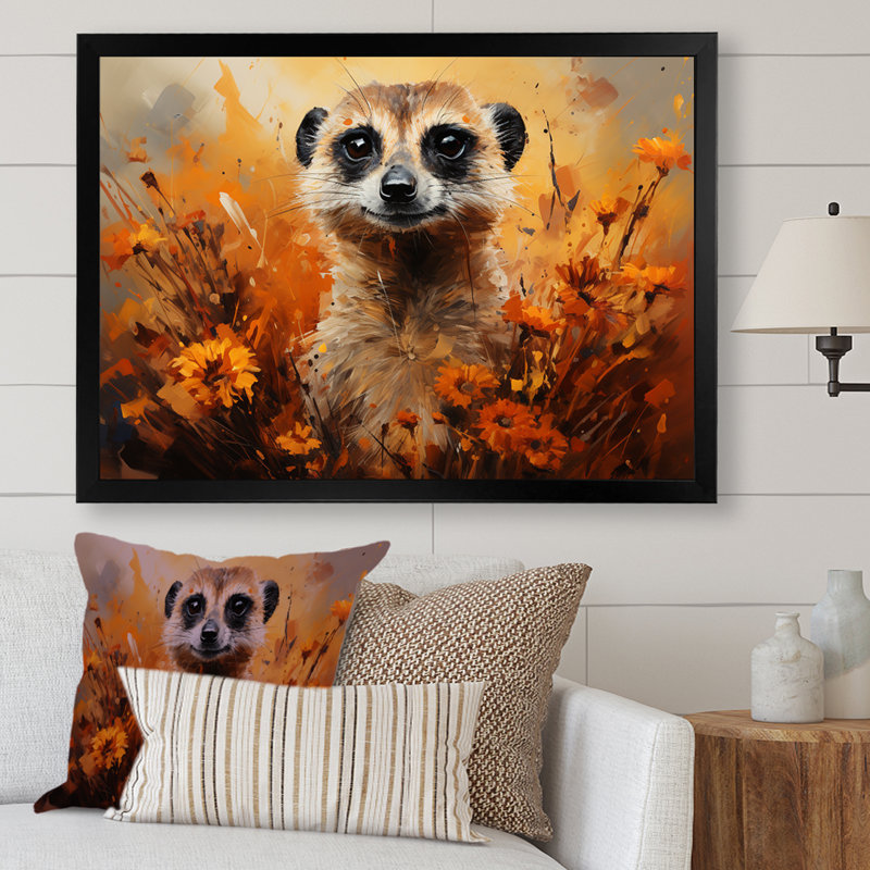 Suricate brun, prairie florale III - art mural Meercat, Cadre d'angle fermé noir, H 20 po x l 12 po x P 1 po