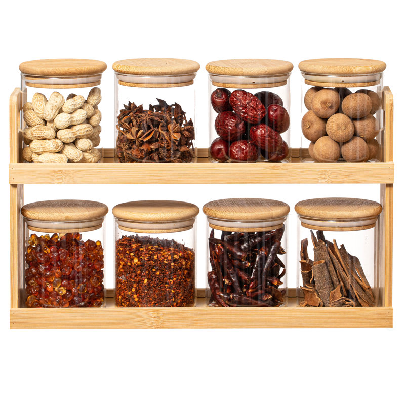Support à épices et garde-manger polyvalent en bambou à 2 niveaux avec 8 pots en verre - parfait pour le rangement sur le comptoir dans les cuisines afin de garder les récipients d'assaisonnement bien exposés et facilement accessibles