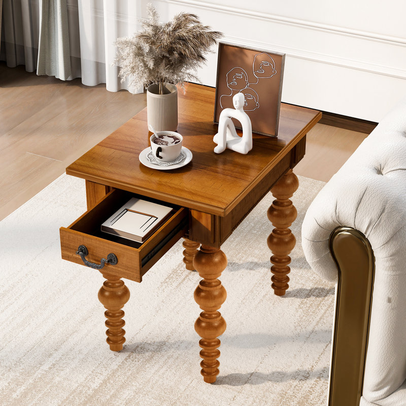 Table de bout vintage étroite en bois massif avec tiroir, côté pour le salon, matériaux naturels de haute qualité, chaleur, conception à bulles sur les pieds, tiroir de rangement en bois naturel et en bois d'hévéa, assemblage rapide, idéal