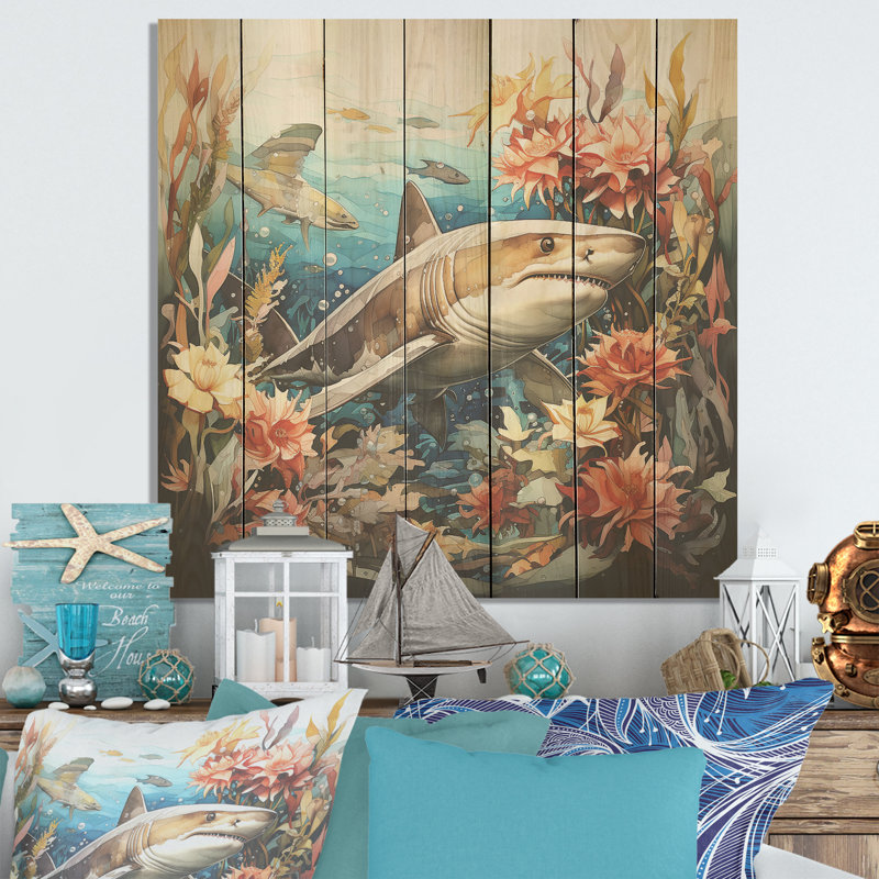 Curious Shark Ocean Blooms II - Requin sur bois, H 15 po x l 15 po