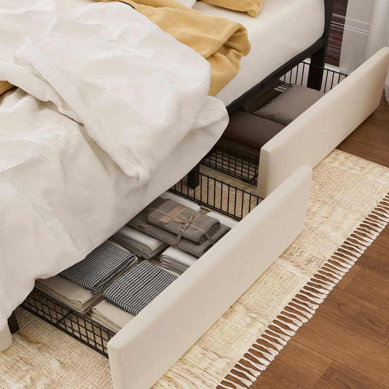 Lit plateforme tapissier avec 4 tiroirs et tête de lit, Très grand, Cream