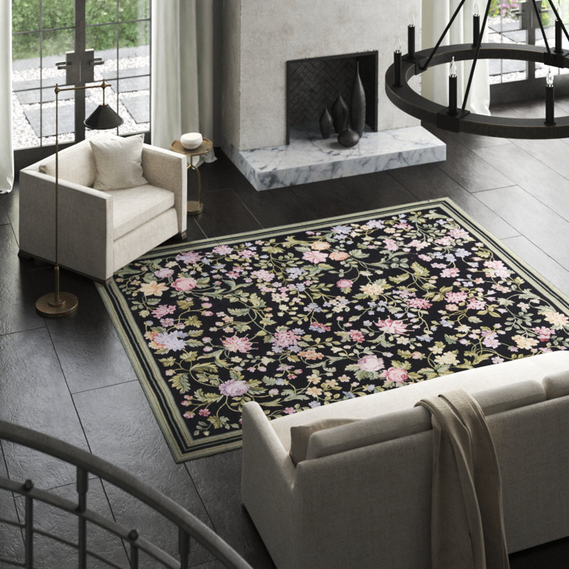 Hand-Knotted High-Quality Black and Light Green Area Rug