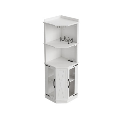 67.3" Corner Bar Cabinet with Power Outlet and LED Lights, Farmhouse Wine Bar with Adjustable Shelves & Glass Rack for Dining Room, Kitchen, Living Ro