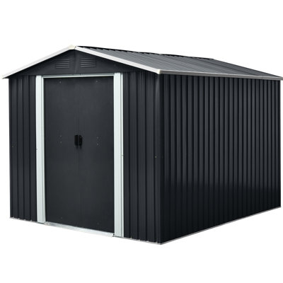 8ft X 10ft Black Metal Outdoor Shed - Galvanized Iron Build, Four Punched Vents, Padlockable Sliding Doors, Uncomplicated Assembly Steps Storage In Structure, Vents For Adequate Ventilation, Doors