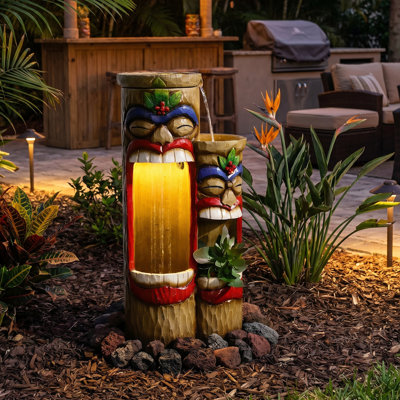 2-Tier Tiki Head Outdoor Water Fountain with LED Light, 28" Tropical Cascading Water Feature for Patio Garden Decor