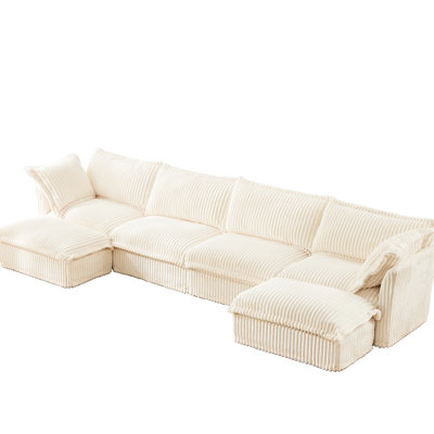 Canapé modulaire en U de couleur crème - 4 places, siège profond avec housse en velours côtelé et bords français, nombreux coussins pour le canapé confortable en velours côtelé, salon doux