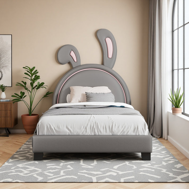 Lit plateforme tapissier simple en cuir, Gris