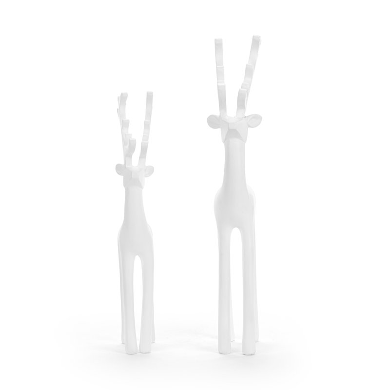 Large White Resin Reindeer Figures - Set Of 2
