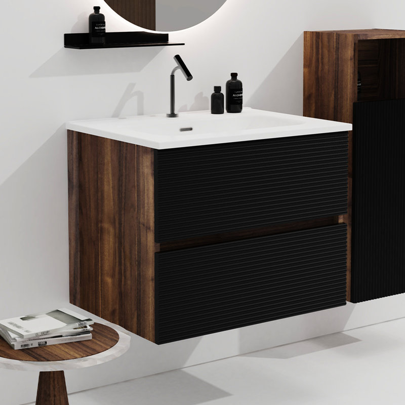 Meuble-lavabo mural noir doux et noyer, 24 po avec lavabo intégré, trop-plein, fonction de fermeture silencieuse du tiroir, 20% de rangement supplémentaire, poignée - Conception plus d'espace de rangement, approche