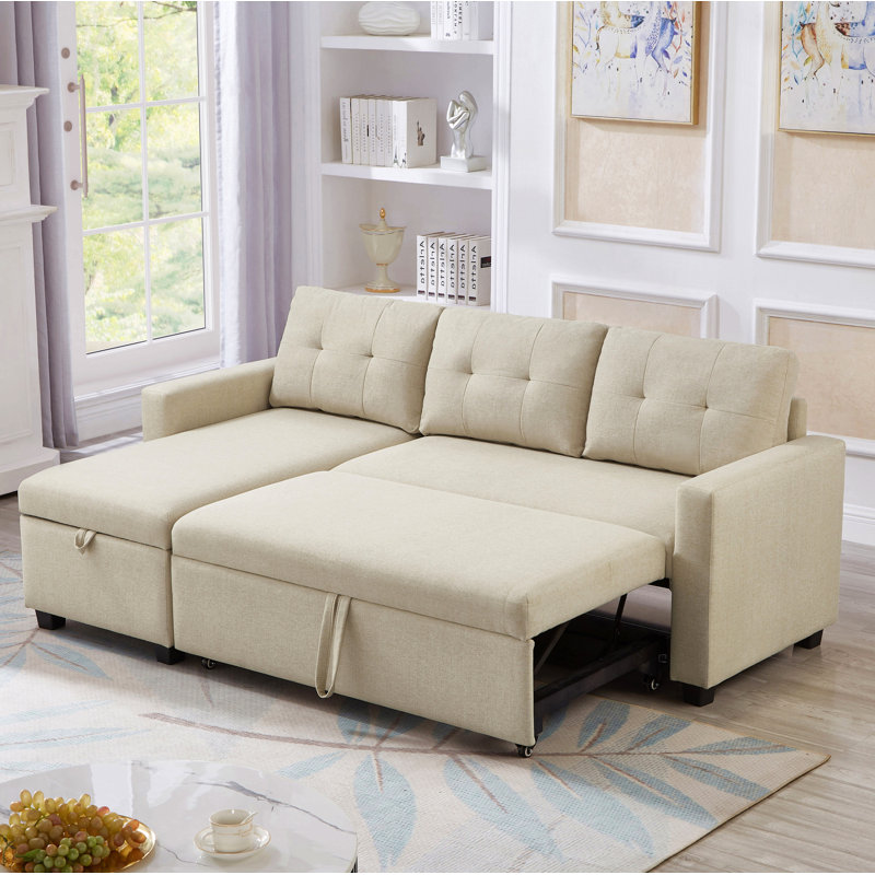 Canapé modulaire rembourré escamotable avec méridienne de rangement, canapé d'angle convertible, Lin beige