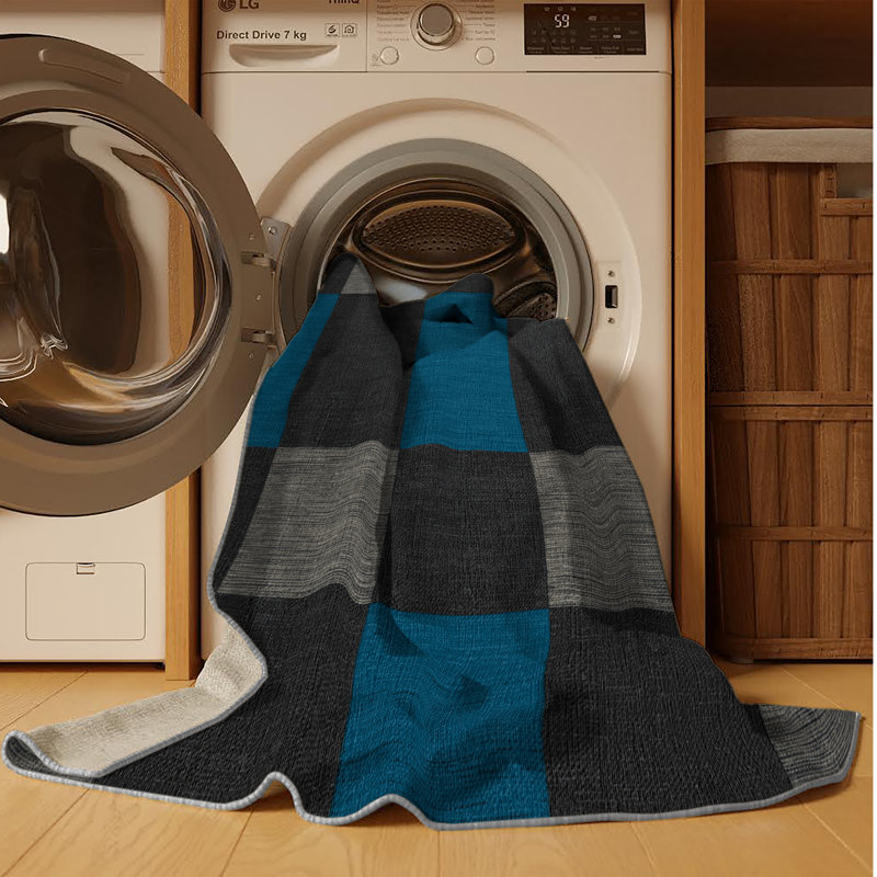 Machine Washable Checkered Gray Area Rug, Round 5'