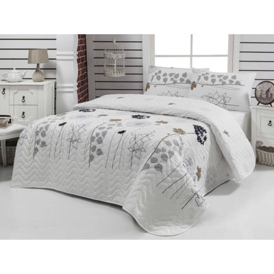 Double Quilted Bedspread Set, 79 x 87, 65% Cotton / 35% Polyester Cover, 100% Fiber Filling | Includes 2 Pillowcases (19.7 x 27.6) | Machine Washable, Button Closure, Elegant White, Grey, Black & Brown Design