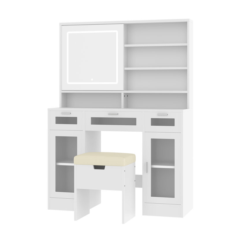 41.3" Makeup Vanity with Sliding Mirror, LED Lighting & Stool