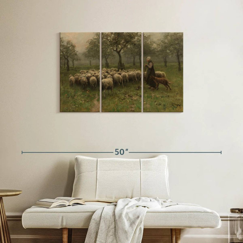 Bergère avec un troupeau de moutons, H 24 po x l 38 po