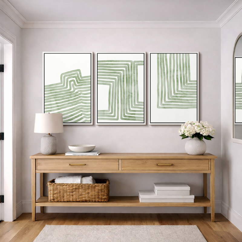 «Lin», art géométrique linéaire rayé vert doux, images murales minimalistes abstraites biologiques modernes, impression sur toile encadrée, 3 pièces, art mural: 16 po x 24 po x 3 pièces, 24 po x 36 po x 3 pièces