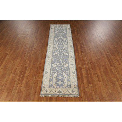 Tapis de couloir indien fait à la main bleu Oushak 3 x 10