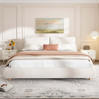 Grand lit plateforme tapissier avec deux têtes de lit amovibles, tissu Boucle, blanc