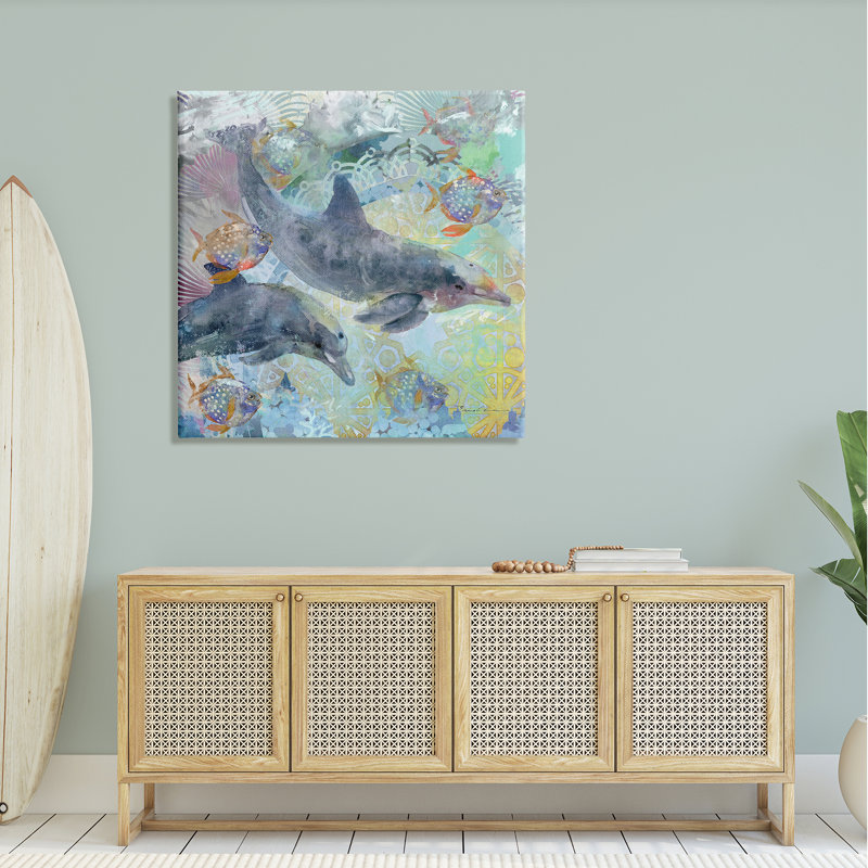 Dauphins et poissons, fractales aquatiques - impression, H 36 po x l 36 po x P 1,5 po, Toile tendue