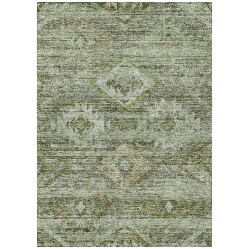 HomeRoots 3' X 5' Olive Green And Fern Green Southwestern Washable Indoor Outdoor Area Rug