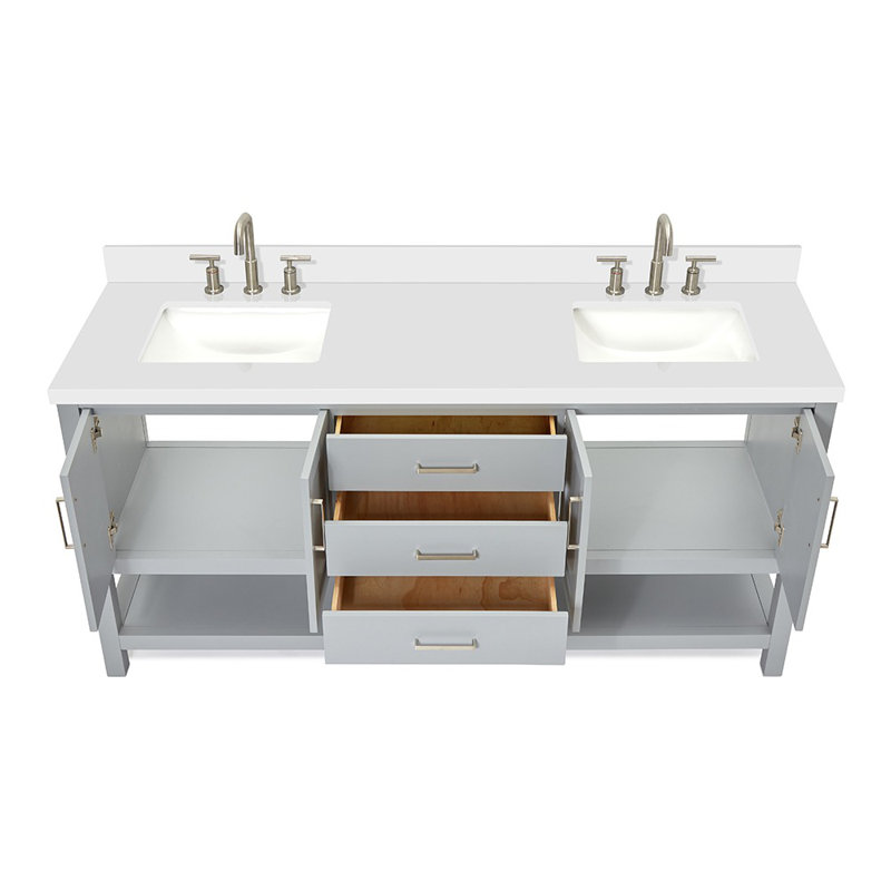 Meuble-lavabo double 73 po gris Magnolia, avec comptoir en quartz blanc pur 1,5 po et lavabo rectangulaire, Rectangular, Gris