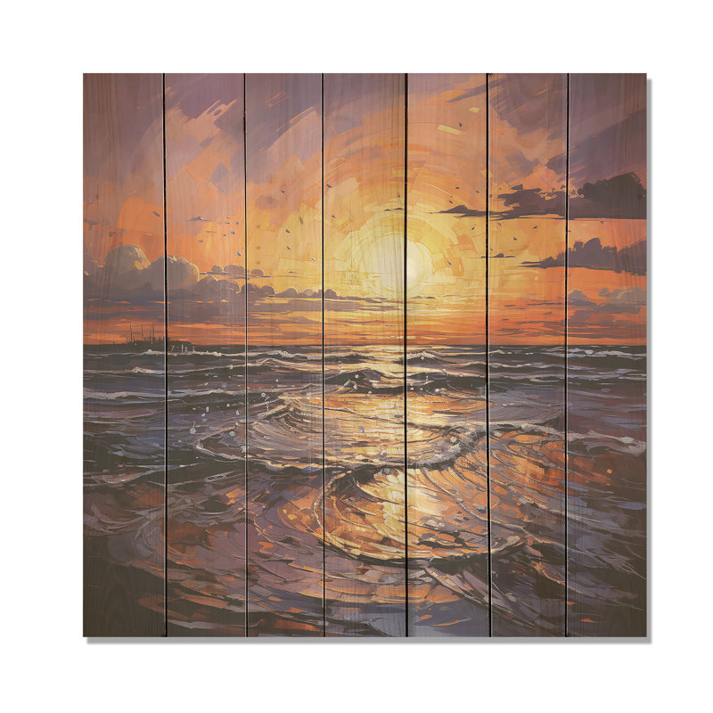 Jaune et mauve, coucher de soleil sur les océans, Étreinte III - Coucher de soleil côtier sur bois, H 36 po x l 36 po