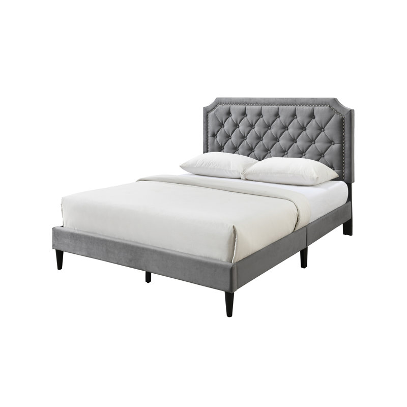 Lit plateforme à bord clouté Ava - Velours gris anthracite, gris