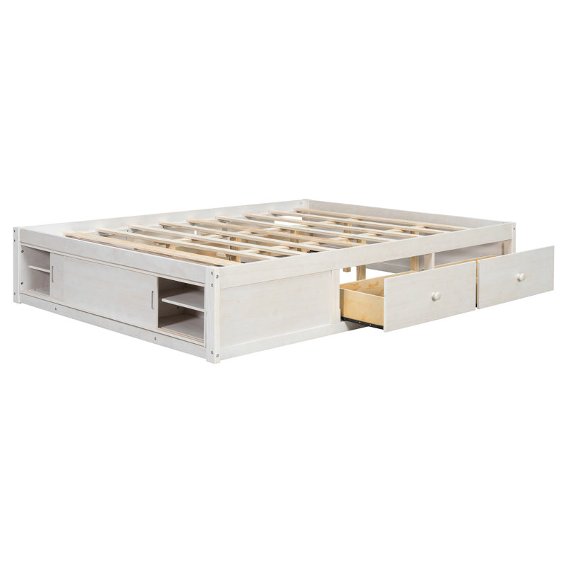 Queen Size Platform Bed Frame With 4 Storage Drawers And Footboard Storage Cubby, No Headboard, Modern Space-Saving Design-Antique White