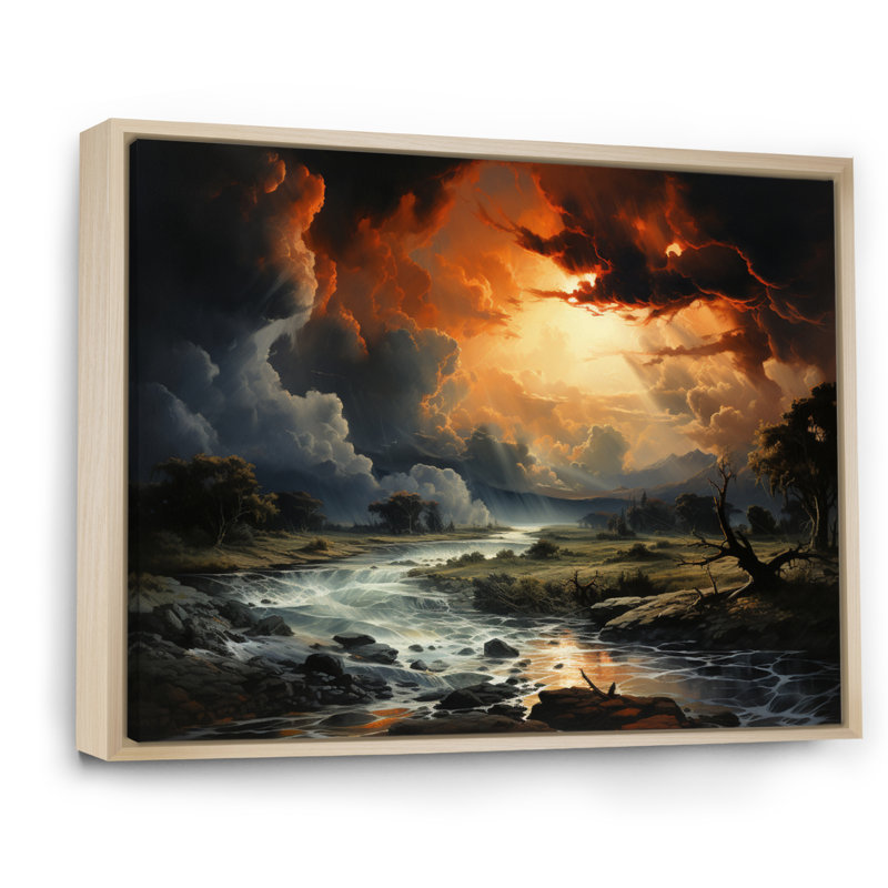 Tempête orange orangée éphémère sur toile, Cadre naturel flottant, H 12 po x l 20 po x P 1 po